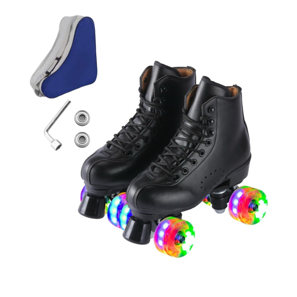 NEW Leather Roller Skates Black Derby Roller Skates 4 Lit Wheels & Bag 9M/10W